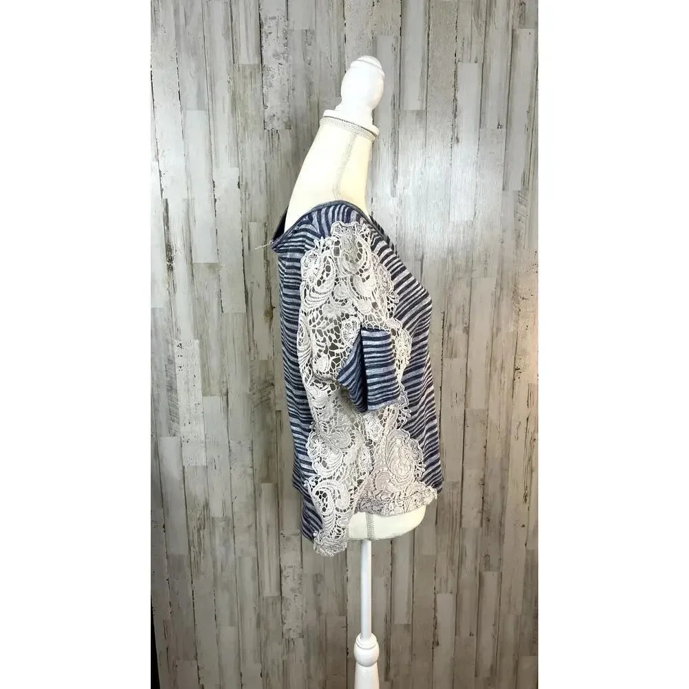 We The‎ Free Women's Size Medium Blue/White Striped Crochet Lace Top